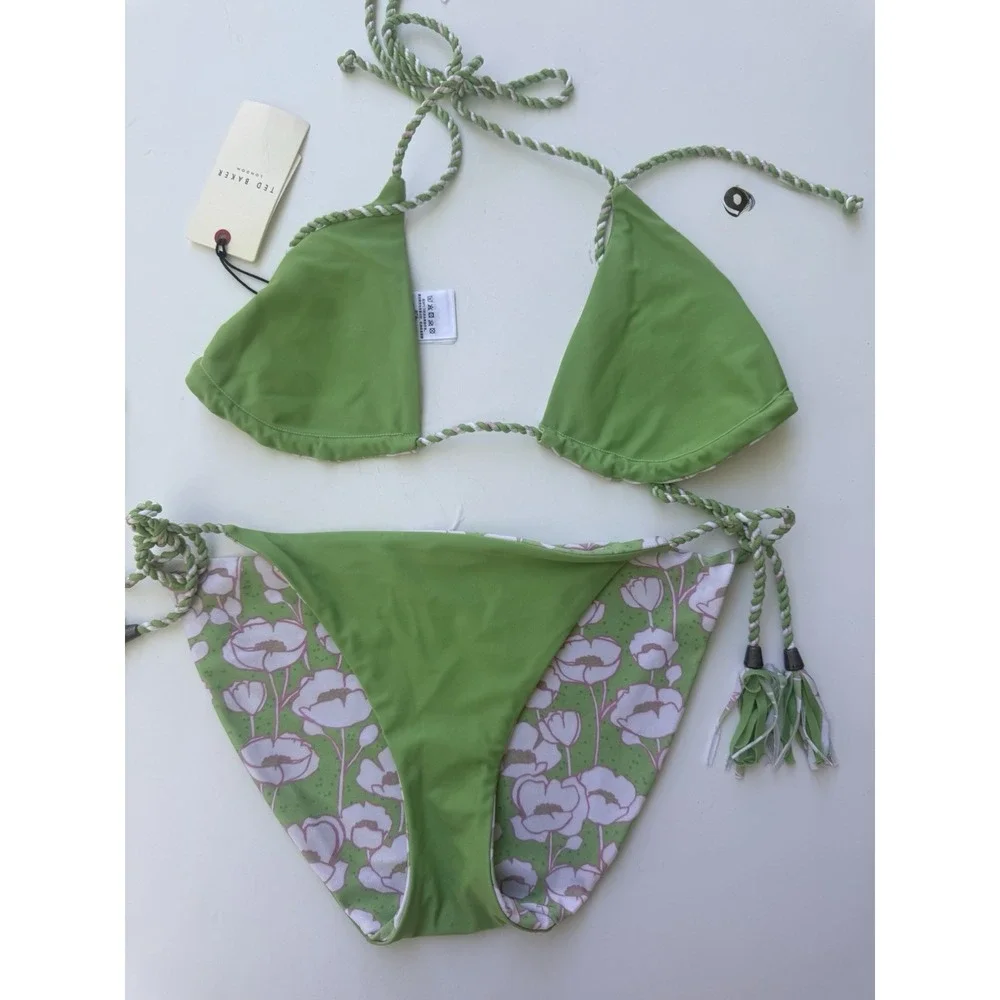 Ted Baker Reversible Bikini Set 0 XS Green Floral Braided Tassel Swimsuit NWT